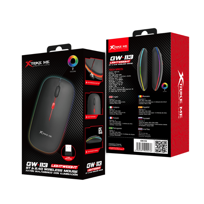 XTrike Me GW-113 Wireless Gaming Mouse - Dual Mode, 7-Colour Lighting