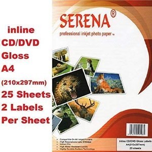 Serena Gloss Inkjet Photo Paper Inline Gloss Coated Bright White Paper CD DVD DISC Inline Neato CD/DVD Labels, 2 Labels per Sheet - 25 Sheets - 50 Labels Total (Pack of 25 Sheets)