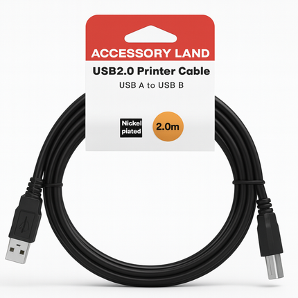 USB 2.0 A to B Printer Cable - 1m to 5m - Black - Hang