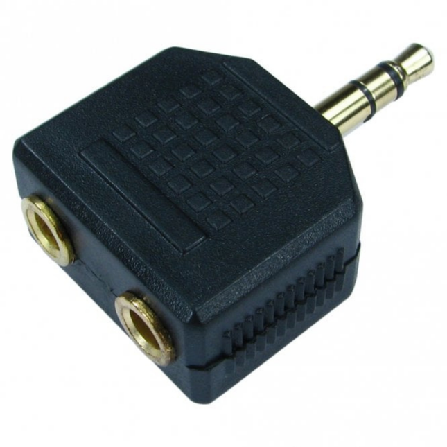 Black audio adapter with gold connectors on a white background - for wholesale trade