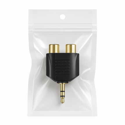Audio adapter with gold connectors in a clear packaging bag on a white background