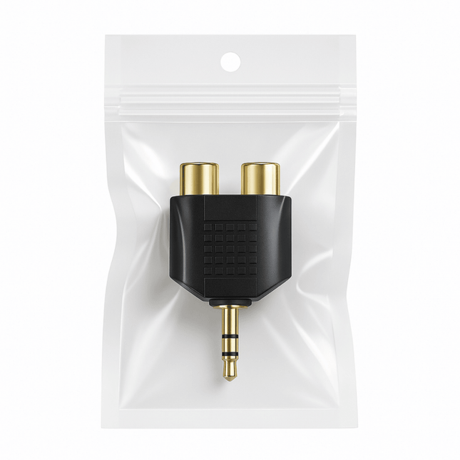 Audio adapter with gold connectors in a clear packaging bag on a white background
