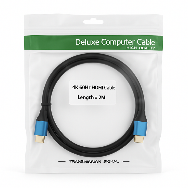 Packaged 4K 60Hz HDMI cable with male to male connectors, labelled as 2M in length and featuring blue and black colours.