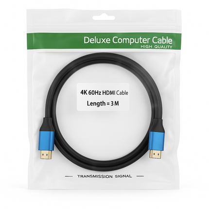 Packaged 4K 60Hz HDMI cable with male to male connectors, labelled as 3M in length and featuring blue and black colours.