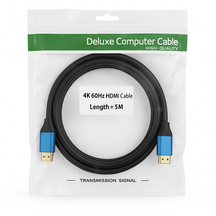Packaged 4K 60Hz HDMI cable with male to male connectors, labelled as 5M in length and featuring blue and black colours.