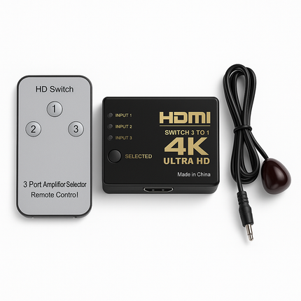 A black HDMI switch with IR cable and remote, labelled as 'HDMI SWITCH 3/1 UHD', indicating 4K support - for wholesale / trade
