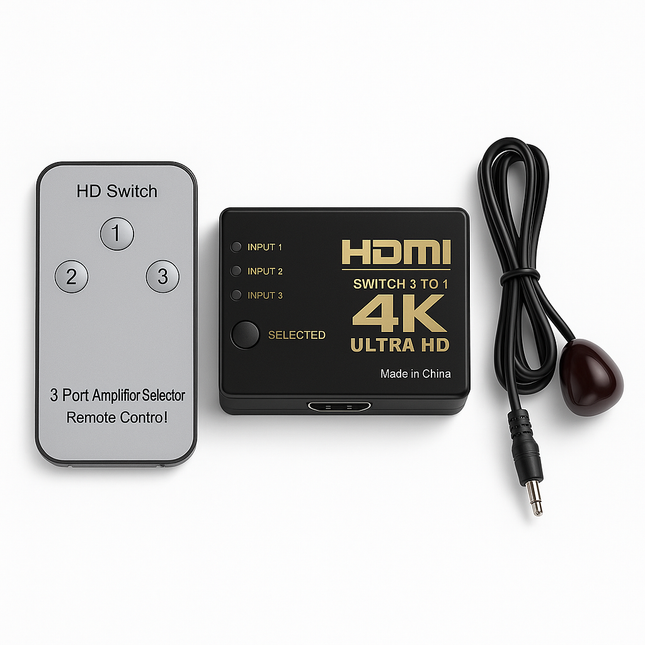 A black HDMI switch with IR cable and remote, labelled as 'HDMI SWITCH 3/1 UHD', indicating 4K support - for wholesale / trade