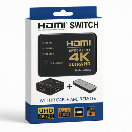 A black HDMI switch with IR cable and remote, labelled as 'HDMI SWITCH 3/1 UHD', indicating 4K support - for wholesale trade
