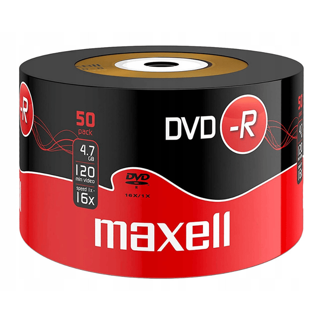 Maxell DVD-R packaging with 50 discs on a white background