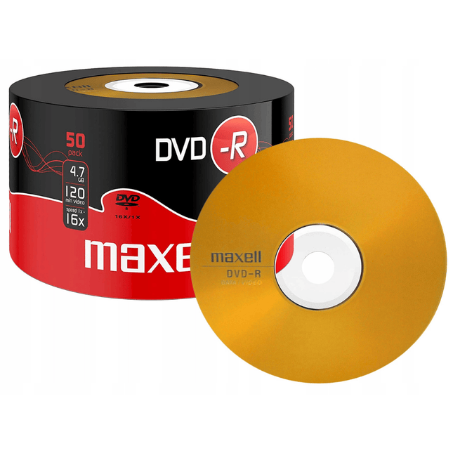 Maxell DVD-R packaging with a single disc on a white background