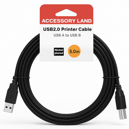 USB 2.0 A to B Printer Cable - 1m to 5m - Black - Hang