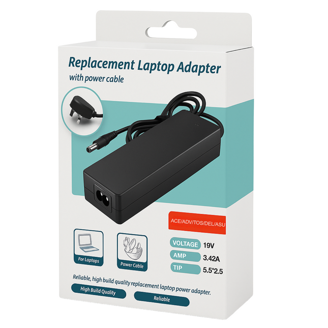 Acer / Advent / Toshiba / Dell / Asus Compatible Laptop Charger - 19V 3.42A 65W, 5.5x2.5mm Tip
