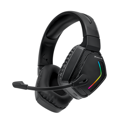 Black gaming headset with RGB lighting on a white background