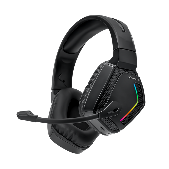 Black gaming headset with RGB lighting on a white background