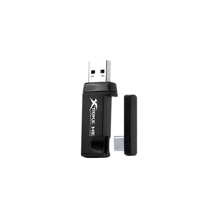 Black USB device with a small attached component on a white background