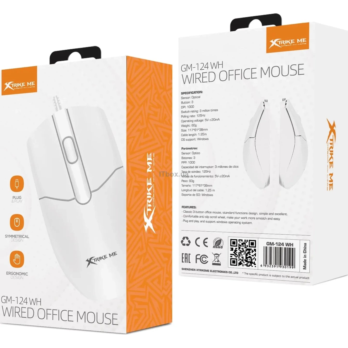 XTrike Me GM-124 WH Optical Mouse - 3-Button, 1000 DPI, USB (White)