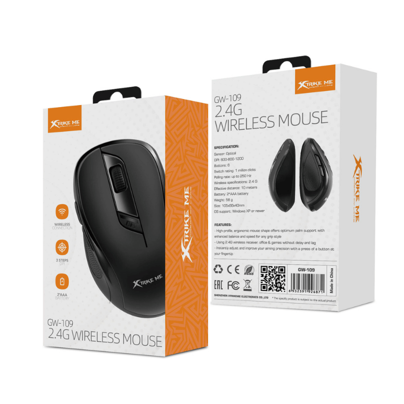 XTrike Me GW-109 Wireless Mouse - 2.4G, 6 Buttons, 1600 DPI, Black