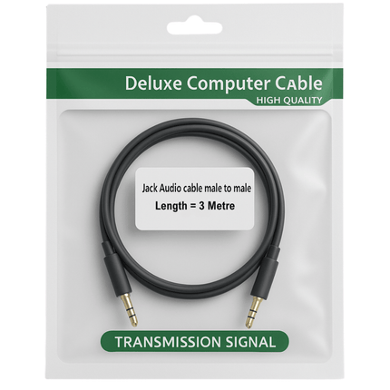 Deluxe computer cable packaging with cable inside on a white background - 3 metre - 3.5mm audio cable for wholesale trade