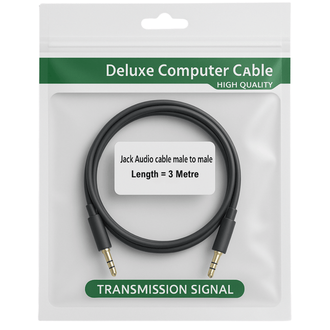 Deluxe computer cable packaging with cable inside on a white background - 3 metre - 3.5mm audio cable for wholesale trade