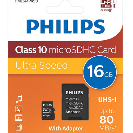 Philips Micro SDHC Memory Card Class 10 High Speed Flash Storage with SD Adapter