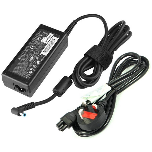 An HP compatible laptop charger with a 65W power adapter, a black cable, and a blue tip.