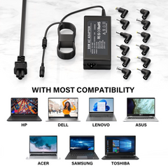 A black universal laptop AC charge adapter power supply charger with various tips for different laptop brands, displaying compatibility with HP, DELL, LENOVO, ASUS, ACER, SAMSUNG, and TOSHIBA. For wholesale trade