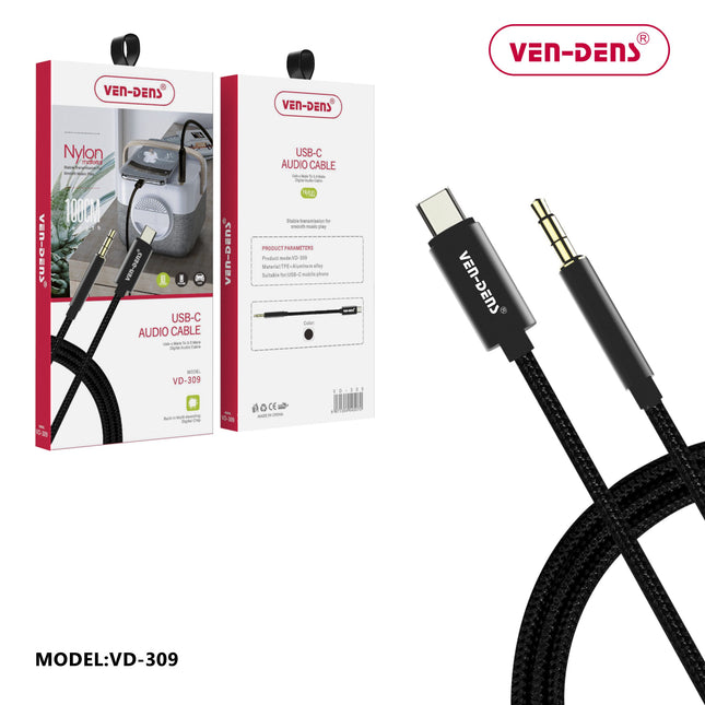VEN-DENS USB-C audio cable with packaging on a white background