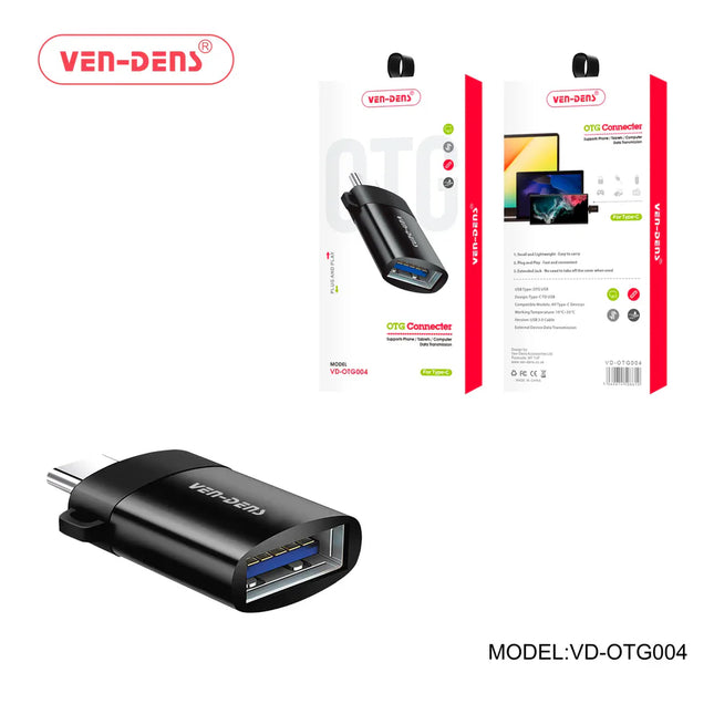 Black USB adapter with Ven-Dens branding and packaging on a white background