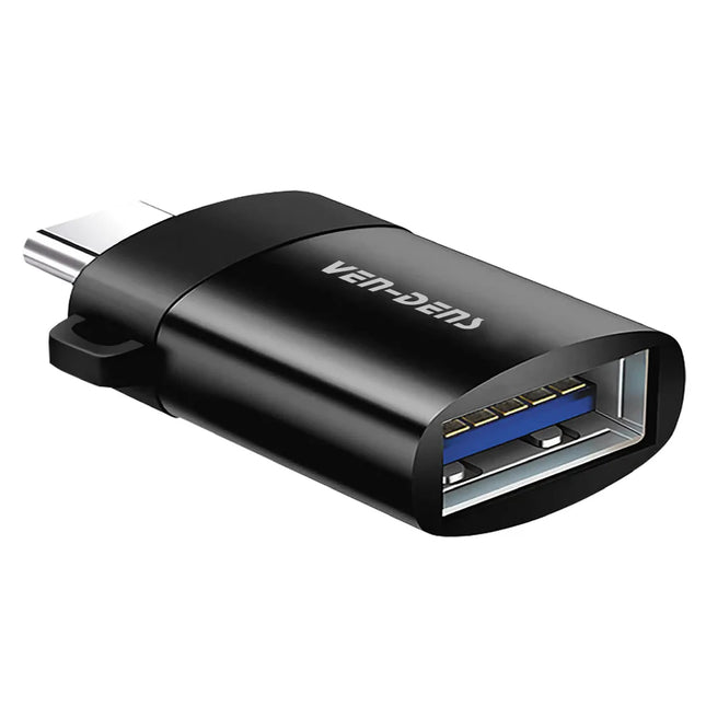 Black USB adapter with Type-C connector on a white background