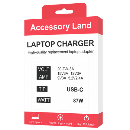 Accessory Land usb-c 87w laptop charger packaging with specifications on a white background - eSunrise trade