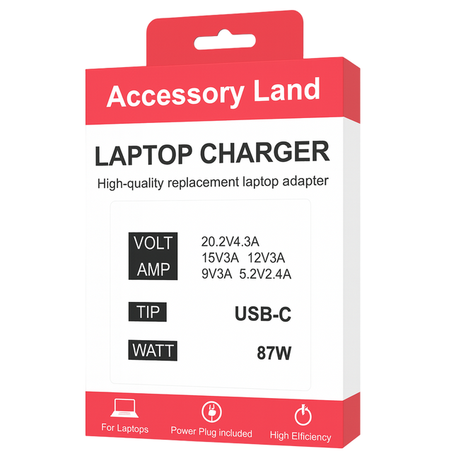 Accessory Land usb-c 87w laptop charger packaging with specifications on a white background - eSunrise trade
