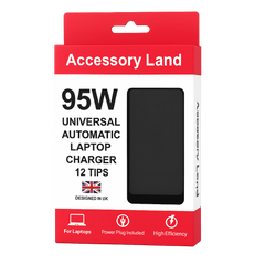 95W universal automatic laptop charger with 12 tips, packaging with 'Accessory Land' branding on a white background.