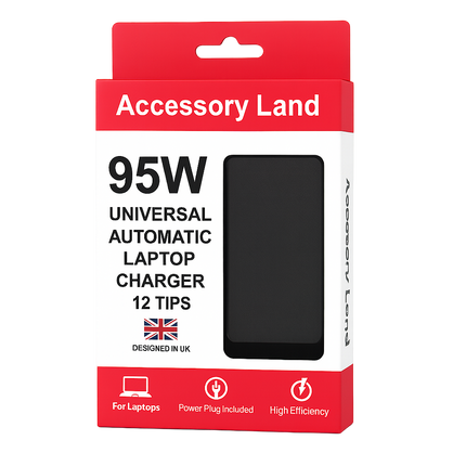 95W universal automatic laptop charger with 12 tips, packaging with 'Accessory Land' branding on a white background.
