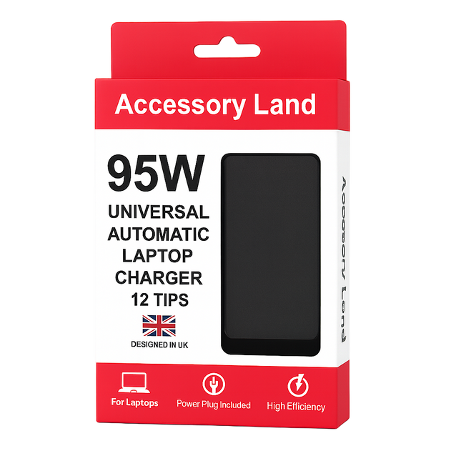 95W universal automatic laptop charger with 12 tips, packaging with 'Accessory Land' branding on a white background.