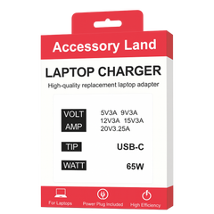USB-C 65W Laptop charger packaging with 'Accessory Land' branding on a white background - eSunrise wholesale