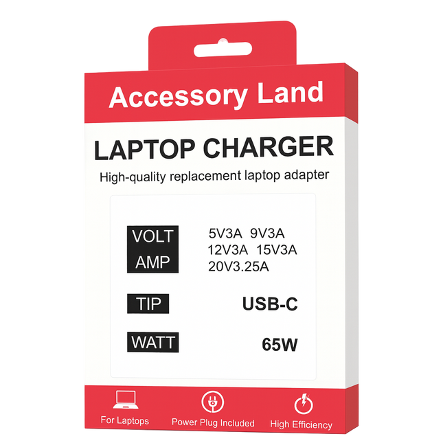 USB-C 65W Laptop charger packaging with 'Accessory Land' branding on a white background - eSunrise wholesale