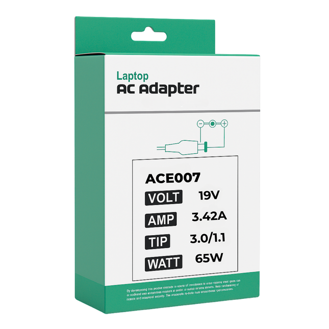 Acer Replacement Laptop Charger - 19V 3.42A 65W, 3.0x1.1mm Tip (PB)