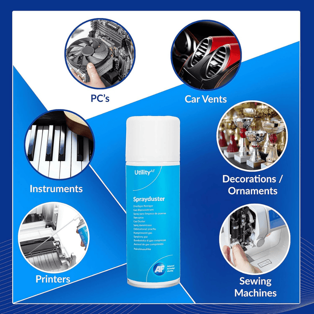 Sprayduster can with uses for PC's, car vents, instruments, decorations, printers, and sewing machines on a blue background. for wholesale trade