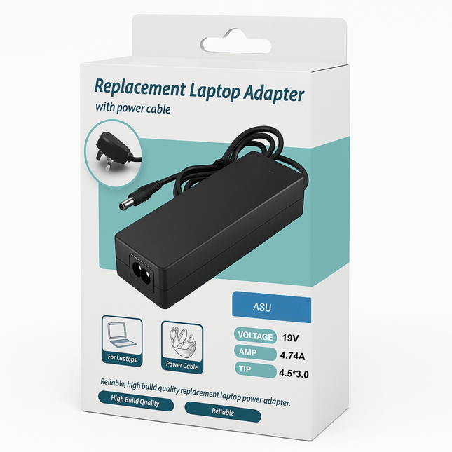 Replacement laptop adapter packaging with power cable on a white background - Asus 19V, 4.74A, 4.5x3.0 tip - for wholesale trade