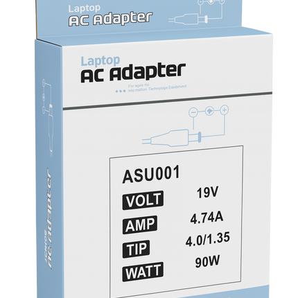 Laptop AC Adapter packaging with specifications on a white background
