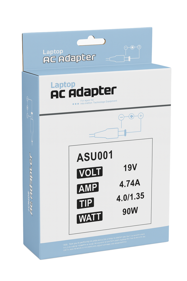 Laptop AC Adapter packaging with specifications on a white background