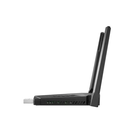 Black USB WiFi adapter with antennas on a white background