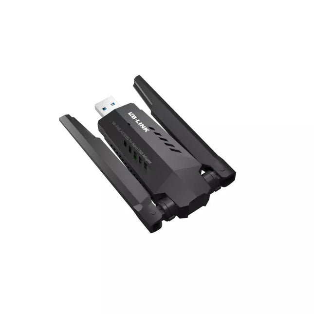 LB-Link USB AXE3000 WiFi adapter with antennas on a white background - eSunrise trade
