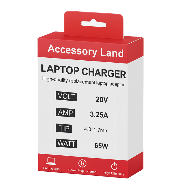Laptop charger packaging with 'Accessory Land' branding on a white background - eSunrise Wholesale