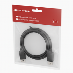 2-meter 4K Displayport to Displayport cable in packaging with 'Accessory Land' branding.
