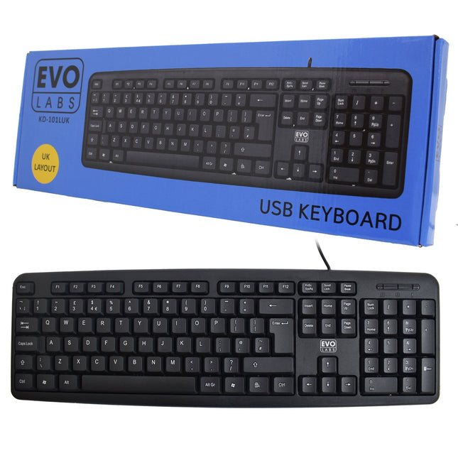 Evo Labs KD-101LUK Full Size USB Wired Keyboard - UK QWERTY Layout