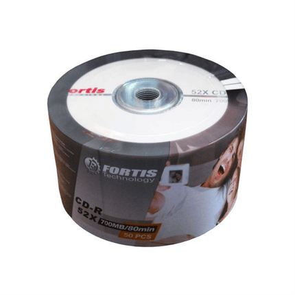 Spool of Fortis brand CD-R discs on a white background