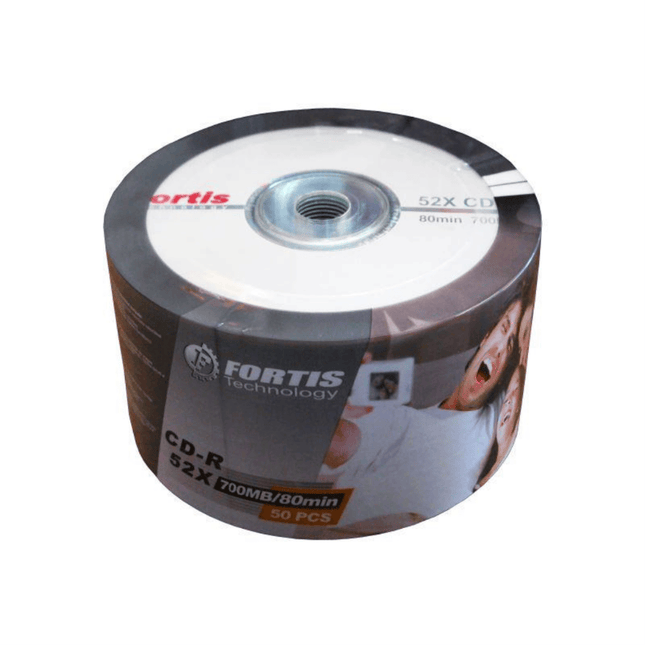 Spool of Fortis brand CD-R discs on a white background
