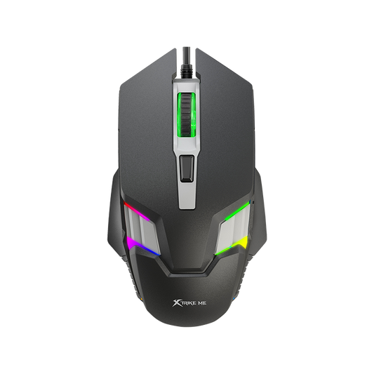 Gaming mouse with RGB lighting on a white background top view