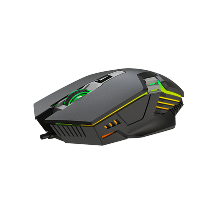 Gaming mouse with green and yellow accents on a white background, side view
